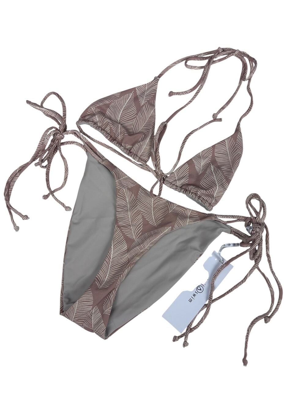 Axil Swim Tan Triangle Floral Leaf Cheeky Tie Matching 2 Piece Bikini S